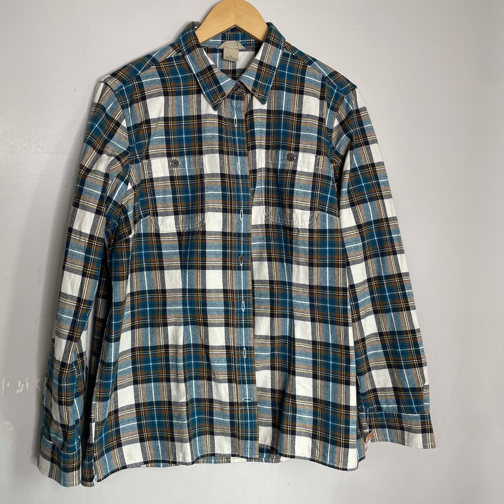 Duluth Trading Women  Free‎ Swing in Flannel Button Down Shirt Sz L Brown Plaid
